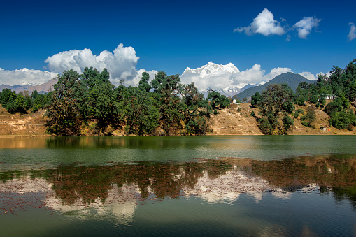 Holy Devariyatal, Deoria Tal, Devaria or Deoriya, an emerald lake with miraculous reflections of Chaukhamba peaks on its crystal clear water. Chaukhamba peaks, Garhwal Himalayas, Uttarakahnd, India.