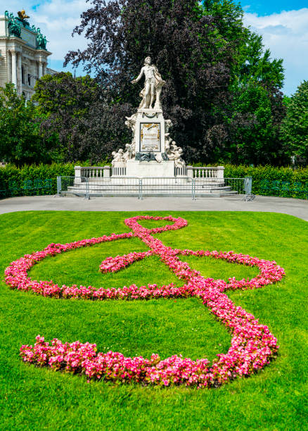 Vienna, Austria - June 6, 2022: The Mozart Monument is located in the Burggarten, a public park, in Vienna, Austria. The statue was unveiled in 1896.