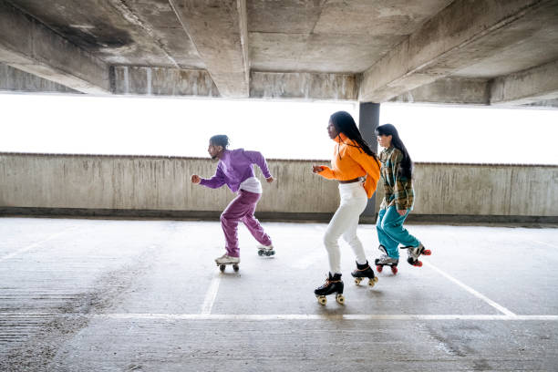 istock Jam skaters warming up together in empty car park 1470990208