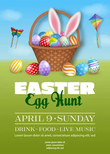 Vector illustration of easter poster with colorful eggs in a wicker basket egg hunt flyer