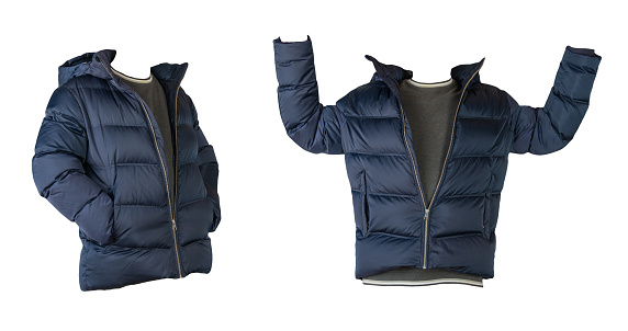 two dark blue down jacket with hood and gray sweater isolated on white background