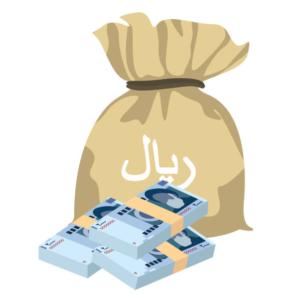 ilustrações de stock, clip art, desenhos animados e ícones de iranian rial vector illustration. iran, afghanistan, hajj, syria money set bundle banknotes. money bag 20000 irr. flat style. isolated on white background. simple minimal design. - 5470