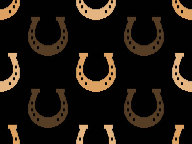 ilustrações de stock, clip art, desenhos animados e ícones de pixel horseshoes seamless pattern. happy saint patrick's day. symbol of good luck and happiness 8 bit horseshoe in retro video game style. vector illustration - horseshoe good luck charm cut out luck