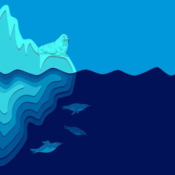 Vector illustration of Illustration with iceberg, walrus and penguins.
