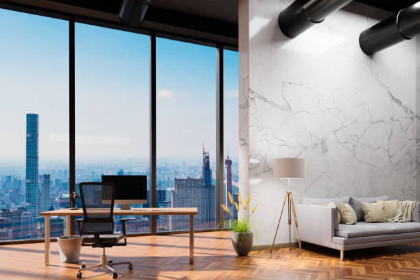 istock large urban skyline loft office with white wall and cozy vintage couch; copy spacepanoramic window skyline view, 3D Illustration 1470996847