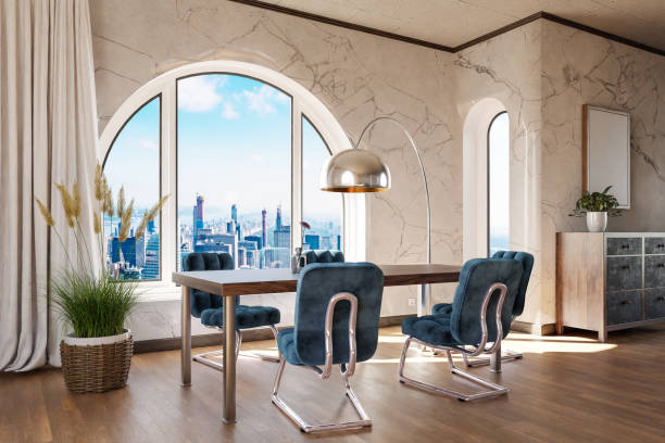istock luxurious loft apartment with arched window and panoramic view over urban downtown; noble dining room interior design mock up; 3D Illustration 1470996897