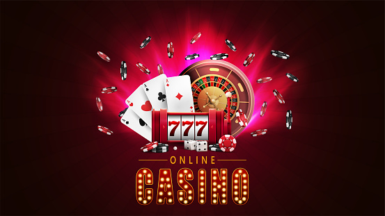 istock Online casino, red poster with spotlights, slot machine with jackpot, casino roulette wheel, poker chips and playing cards 1470997613