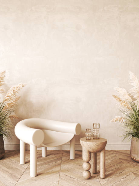 istock Modern scandinavian style conceptual design interior room. Mock up frame beige plaster wall. Minimal sofa with wooden table and decor. 3d rendering. High quality 3d illustration 1470998561