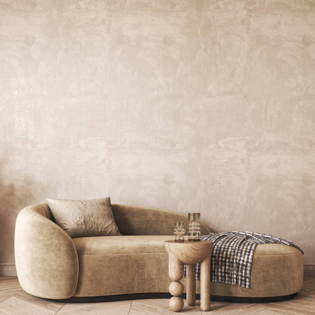 istock Modern scandinavian style conceptual design interior room. Mock up frame beige plaster wall. Minimal sofa with wooden table and decor. 3d rendering. High quality 3d illustration 1470998585