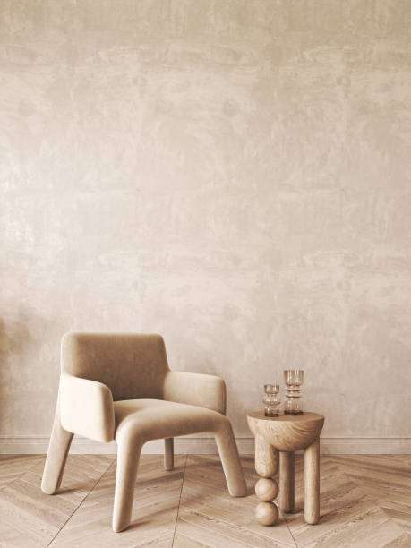 istock Modern scandinavian style conceptual design interior room. Mock up frame beige plaster wall. Minimal sofa with wooden table and decor. 3d rendering. High quality 3d illustration 1470998586