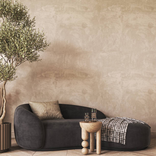 istock Modern scandinavian style conceptual design interior room. Mock up frame beige plaster wall. Minimal sofa with wooden table and decor. 3d rendering. High quality 3d illustration 1470998593