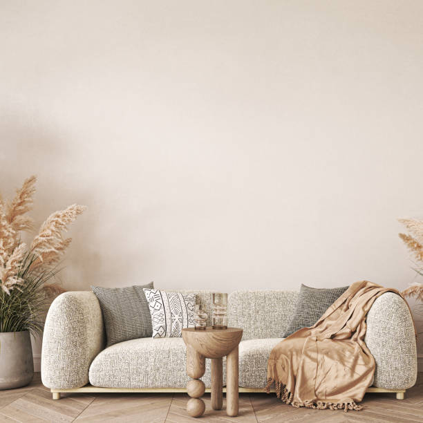 istock Modern scandinavian style conceptual design interior room. Mock up frame beige plaster wall. Minimal sofa with wooden table and decor. 3d rendering. High quality 3d illustration 1470998597