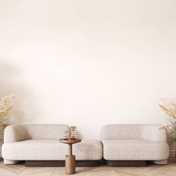 istock Modern scandinavian style conceptual design interior room. Mock up frame beige plaster wall. Minimal sofa with wooden table and decor. 3d rendering. High quality 3d illustration 1470998609