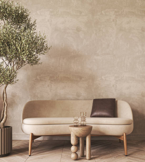 istock Modern scandinavian style conceptual design interior room. Mock up frame beige plaster wall. Minimal sofa with wooden table and decor. 3d rendering. High quality 3d illustration 1470998630