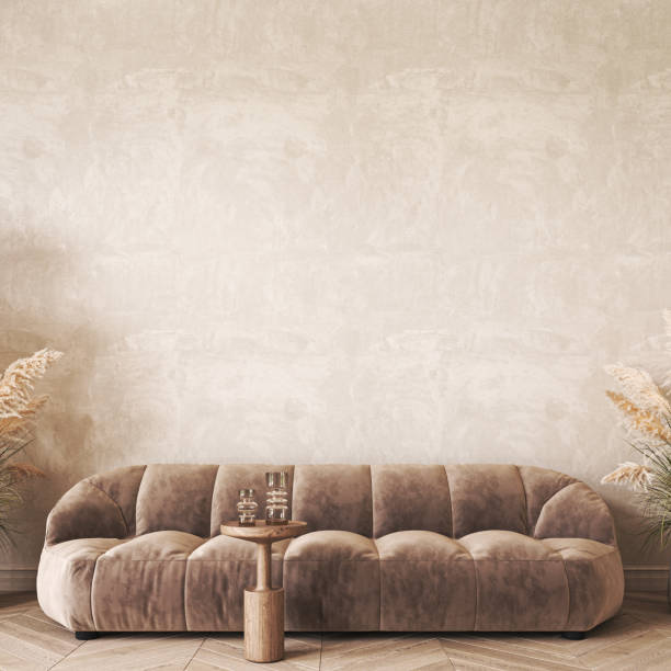 istock Modern scandinavian style conceptual design interior room. Mock up frame beige plaster wall. Minimal sofa with wooden table and decor. 3d rendering. High quality 3d illustration 1470998631