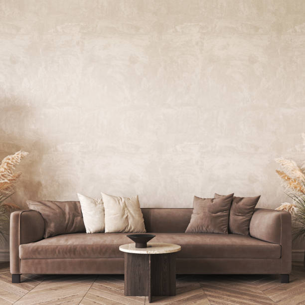 istock Modern scandinavian style conceptual design interior room. Mock up frame beige plaster wall. Minimal sofa with wooden table and decor. 3d rendering. High quality 3d illustration 1470998655