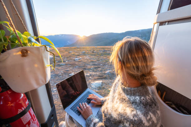 istock Woman working remotely, van life concept 1471001840