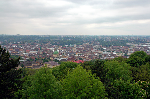View of Lviv in Ukraine from the Union of Lublin Mound. This viewpoint provides a good vantage point overlooking the city. Lviv is also known as Lvov.