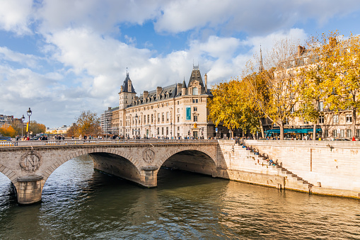 Pont Saint-Michel bridge and 36 Quai des Orfevres  building in Paris, France