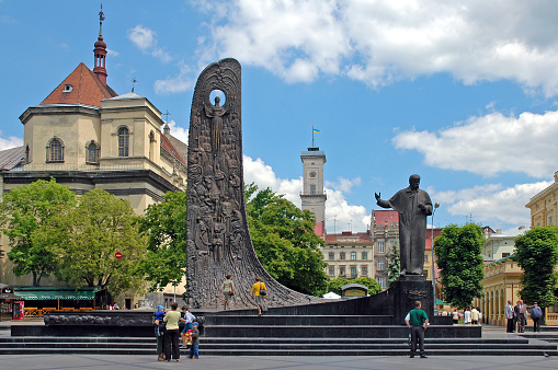 Lviv, Ukraine: The Taras Shevcheko Monument in Lviv. The statue commemorates the Ukrainian poet Taras Shevchecko and is located on Svobody Avenue.