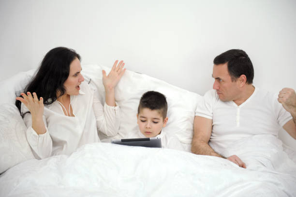 istock Couple fight, sad divorce and angry communication in bedroom, stress about erectile dysfunction and mental health problem in home. Man and woman tired and frustrated in conversation about conflict 1471005296