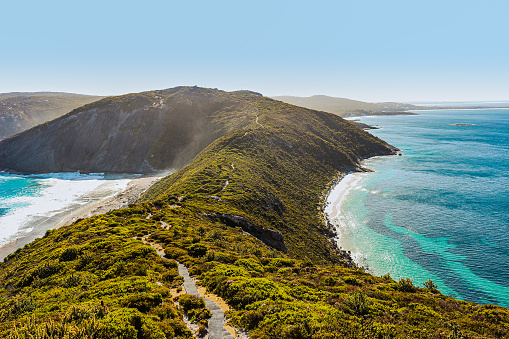 Bald Head walking trail. Taken on a summers day with strong blues and greens.  A mountainous landscape with ocean views. Albany, Western Australia.