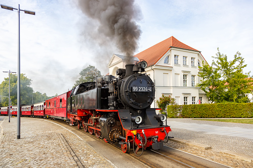 Baederbahn Molli steam train locomotive railway rail in Bad Doberan, Germany