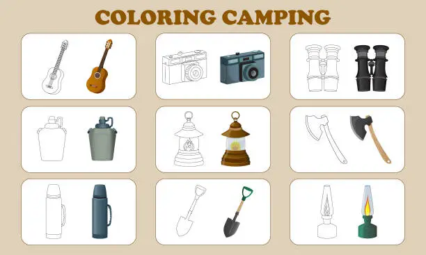 Vector illustration of Set of coloring pages on the theme of summer and travel. Bright coloring elements for camping. Coloring book vector illustration.