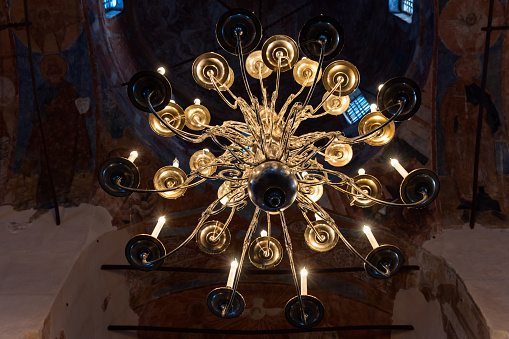 Chandelier of the Znamensky Cathedral, an inactive Orthodox church in Veliky Novgorod near the Church of the Transfiguration of the Savior on Ilyin Street. Laid down in 1682