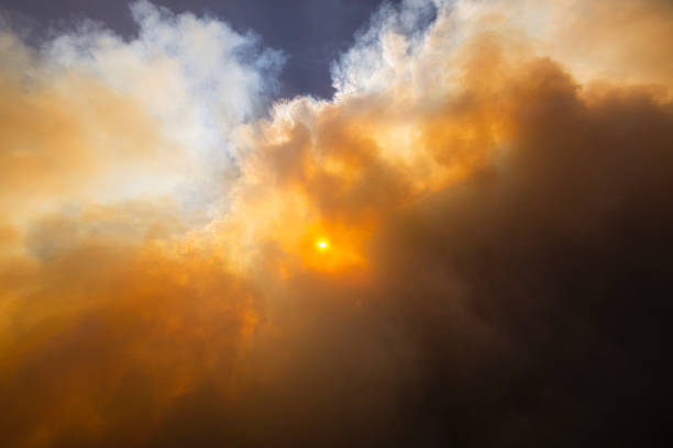 Chaos. Fire storm in the sky as thick dark smoke clouds form blocking out the sun. Natural disaster in Australia.