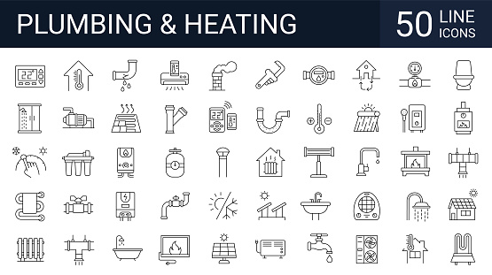 Set of 50 heating, plumbing, ventilation, conditioning line icons. Home renovation, improvement and repair. Editable stroke