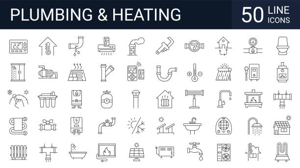 Set of 50 heating, plumbing, ventilation, conditioning line icons. Home renovation, improvement and repair. Editable stroke vector art illustration