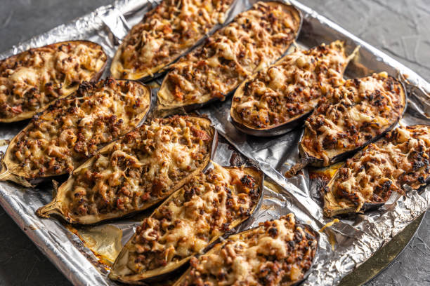 istock Baked delicious eggplant with meat on a baking sheet 1471013611