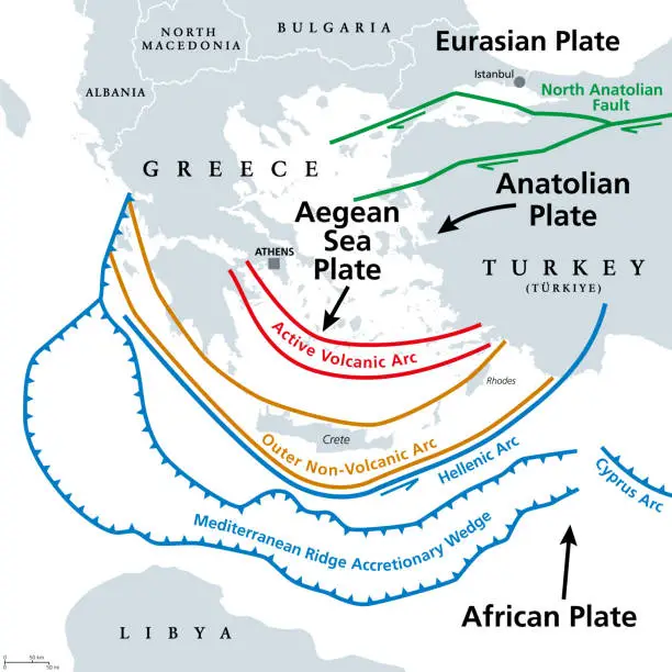 Vector illustration of Aegean Sea Plate, also Aegean or Hellenic Plate, gray tectonic map