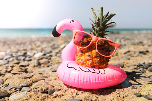Funny pineapple wearing sunglasses in a pink flamingo-shaped inflatable circle against a beach background.