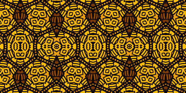 illustrations, cliparts, dessins animés et icônes de texture d’un motif africain sans couture, amulettes et colliers, image colorée, couleurs jaune doré, orange et marron, formes géométriques, design graphique, illustration - southern charm