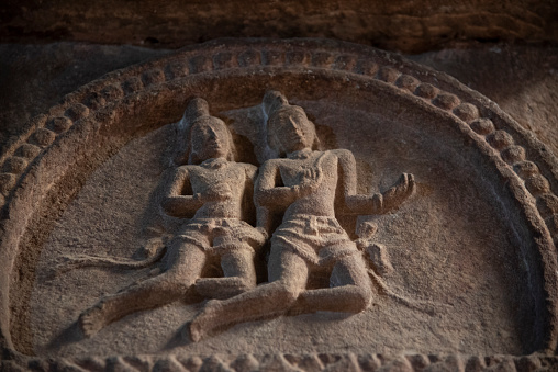 Intricately carved pillars of temple in Pattadakal, Karnataka, India