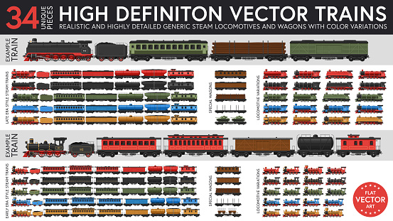 Highly detailed flat vector illustration of a set of generic steam trains from two eras. 34 unique pieces of locomotives and wagons with five color variations. Graphical resources.