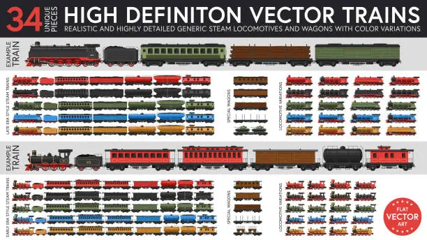 Vector illustration of Vector illustration of a set of generic steam trains.