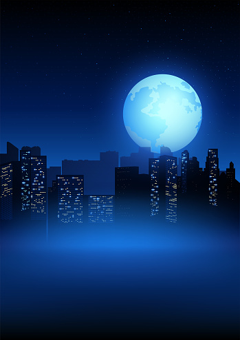 Beautiful full moon on cityscape, urban landscape vector illustration