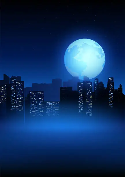 Vector illustration of Beautiful full moon on cityscape