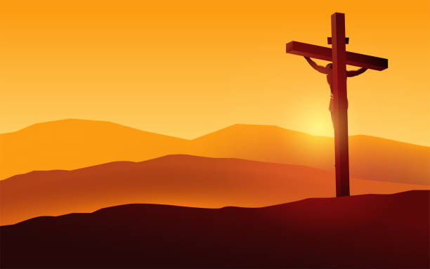 Biblical Silhouette Jesus Crucifixion Back View Golgotha Biblical vector illustration series, back view of Jesus on the cross wearing a crown of thorns good friday stock illustrations