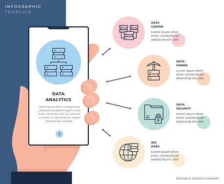 Data Analytics Concept, A hand holding a smart phone, vector infographic template