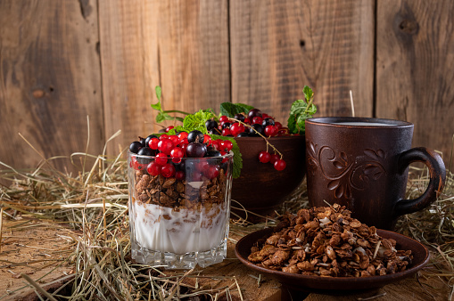 Breakfast with milk, granola and berries. Pottery and hay. Front view.