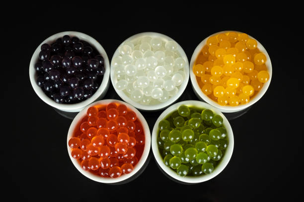 Different tapioca pearls for bubble tea. Bubble tea ingredients arrangement in bowls