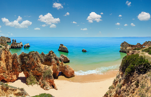 Top view on sandy beach Dos Tres Irmaos (Portimao, Alvor, Algarve, Portugal). Two shots stitch panorama.
