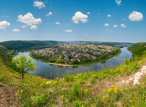 River Rhine Wiesbaden Schierstein harbor - aerial view