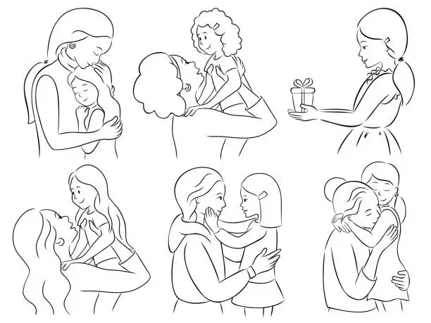 Vector illustration of Set of sweet mothers hold their little daughters. Moms embrace their child’s. Motherhood concept. Diversity and ethnicity.  African American, Asian, Scandinavian ethnicity. International Mother’s Day. Contour drawing.