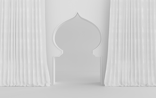 Muslim mosque element in arabic, Islamic architecture style. Ramadan Kareem. White interior walls with curtains and ornated mouldings. 3d rendering interior mock up.