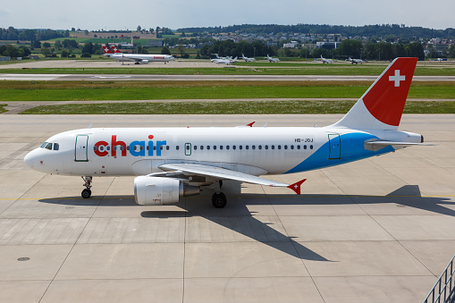 Zurich, Switzerland - July 22, 2020: Chair Airbus A319 airplane at Zurich Airport (ZRH) in Switzerland. Airbus is a European aircraft manufacturer based in Toulouse, France.